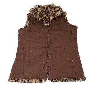 Gap Reversible Vest Faux Fur Brown Cheetah Print Outdoor Cozy Girl's 14-16 XXL
